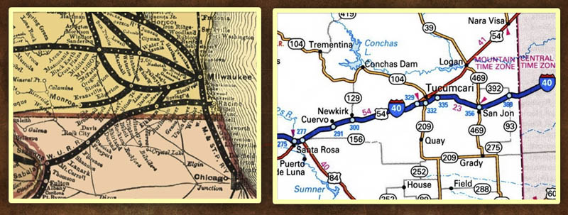 Two maps compared, one of 19th century railroad station stops next to a modern Interstate highway map's controlled exits
