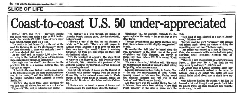 Newspaper article headlined "Coast-to-coast U.S. 50 under-appreciated."