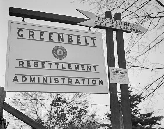 Photograph of a sign which reads "Greenbelt Resettlement Administration."