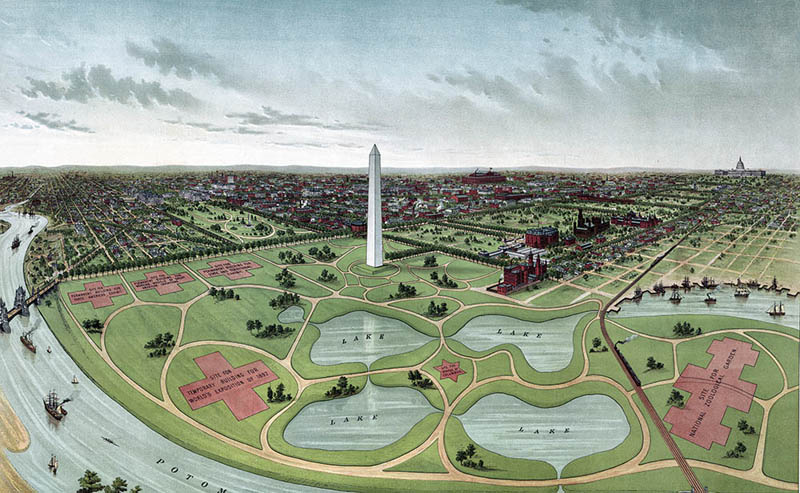 An illustration of an overhead projection of the National Mall area of Washington D.C., depicting layouts for future exposition areas where future familiar monuments such as the Lincoln Memorial will be later placed.