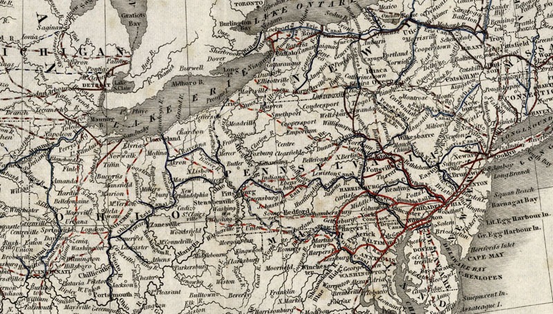 A historic map of canals in the northeastern United States. 