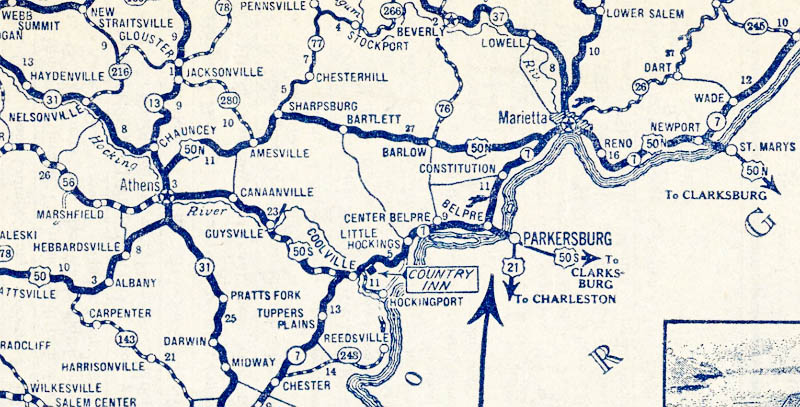 Detail of a historic road map of southeast Ohio.