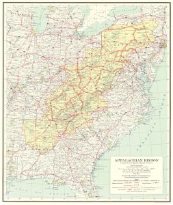 A map of the eastern United States with the Appalachian region highlighted in yellow. 