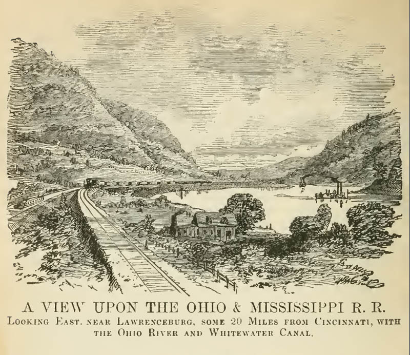 A book sketch of a railroad following a river with steep hills titled "A view upon the Ohio and Mississippi R.R., Looking east, near Lawrenceburg, some 20 miles from Cincinnati, with the Ohio River and Whitewater Canal."