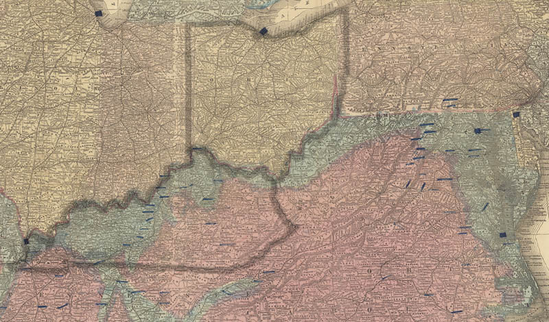 A historic map of the southern Great Lake states and Appalachia with Ohio and Kentucky state lines added over it.