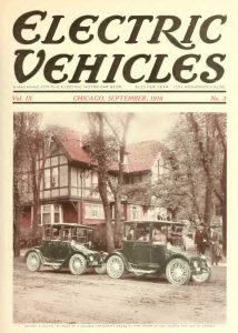 Magazine cover titled "Electric Vehicles," featuring a photo of two electric horseless carriages.
