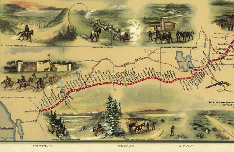 Illustrated map of the pony express route, listing all stations and featuring dramatic drawings of events along the trail.