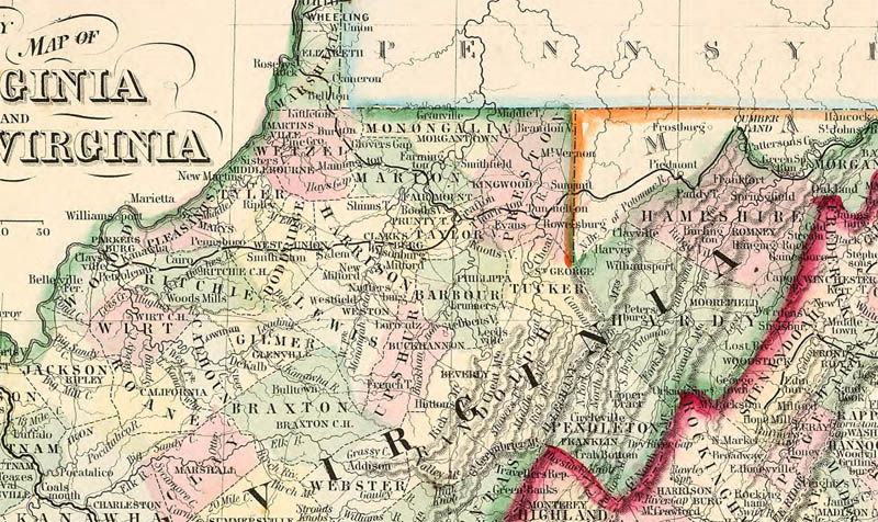 Historic map detail of northern West Virginia.