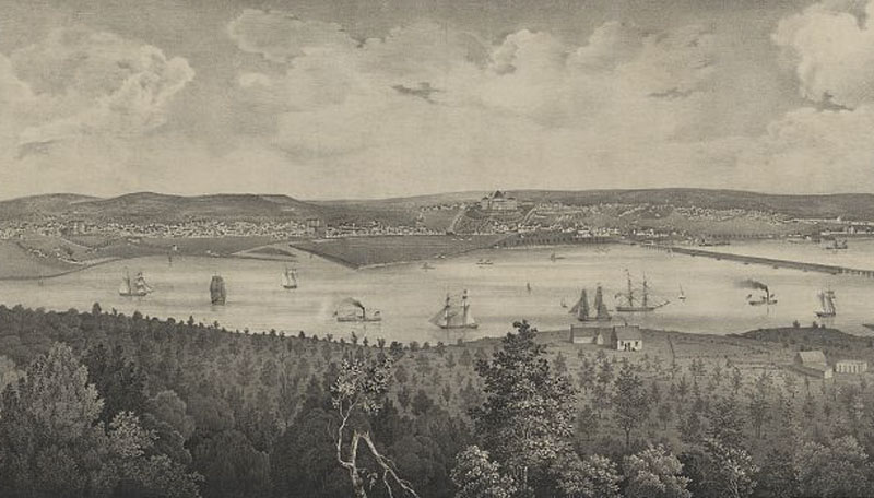 Historic drawing overlooking Washington, D.C. and the Potomac River with several schooners.