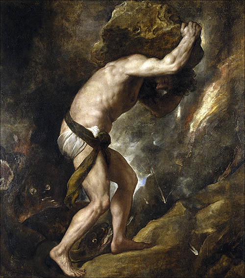 Oil painting of a man pushing a large boulder up a rock faced cliff.