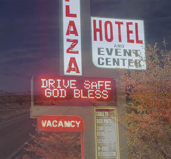 Montage of glowing hotel signs with US Highway 50